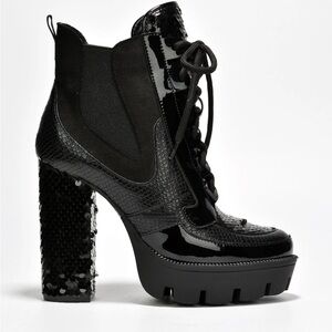 Women’s Black Lace-Up Platform Heels with Sequin Block Heel. New Never Worn.
